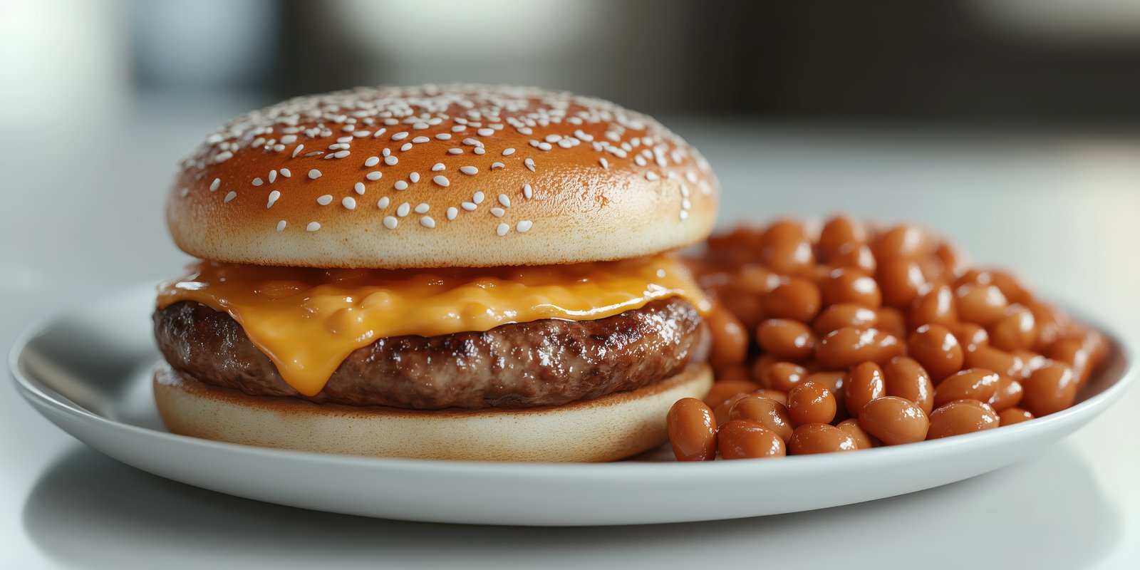 Juicy cheeseburger with melted cheese served alongside baked beans in a casual dining setting